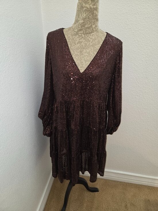 Eliza J Dresses & Skirts - Brown Sequined Mini Tiered Cocktail Dress Size 14